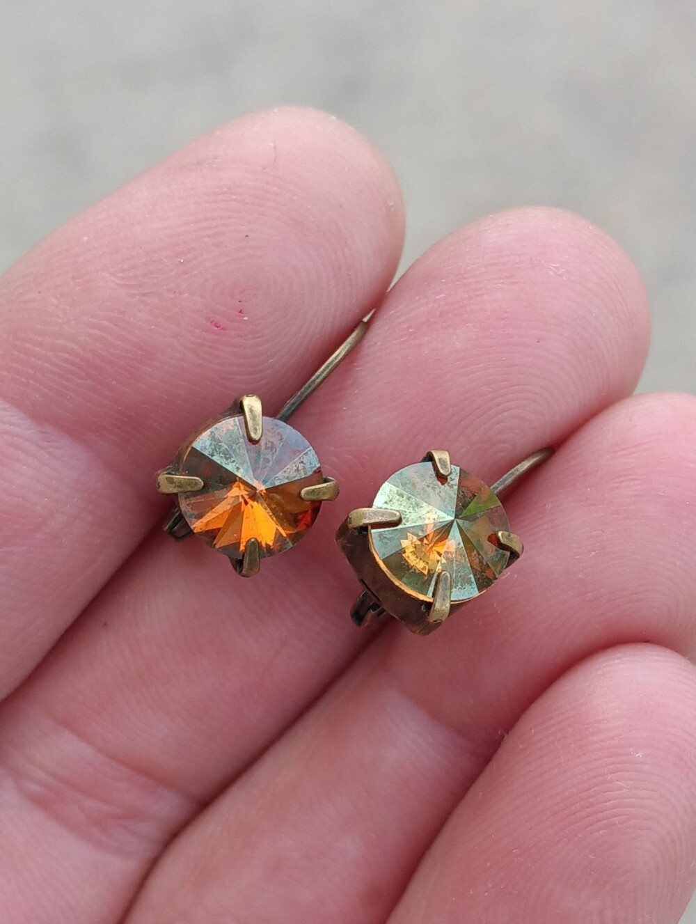 Vintage Brass Copper? Amber Glass Earrings